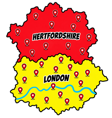Map showing photo booth coverage across London and Hertfordshire
